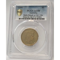 AUSTRALIA 2000 . ONE 1 DOLLAR COIN . ERROR . MULE . STRUCK ON TEN 10 CENTS